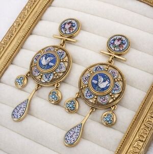 Ornate Micro Mosaic Bird Dangle Earrings | Vintage-Inspired Gold Tone